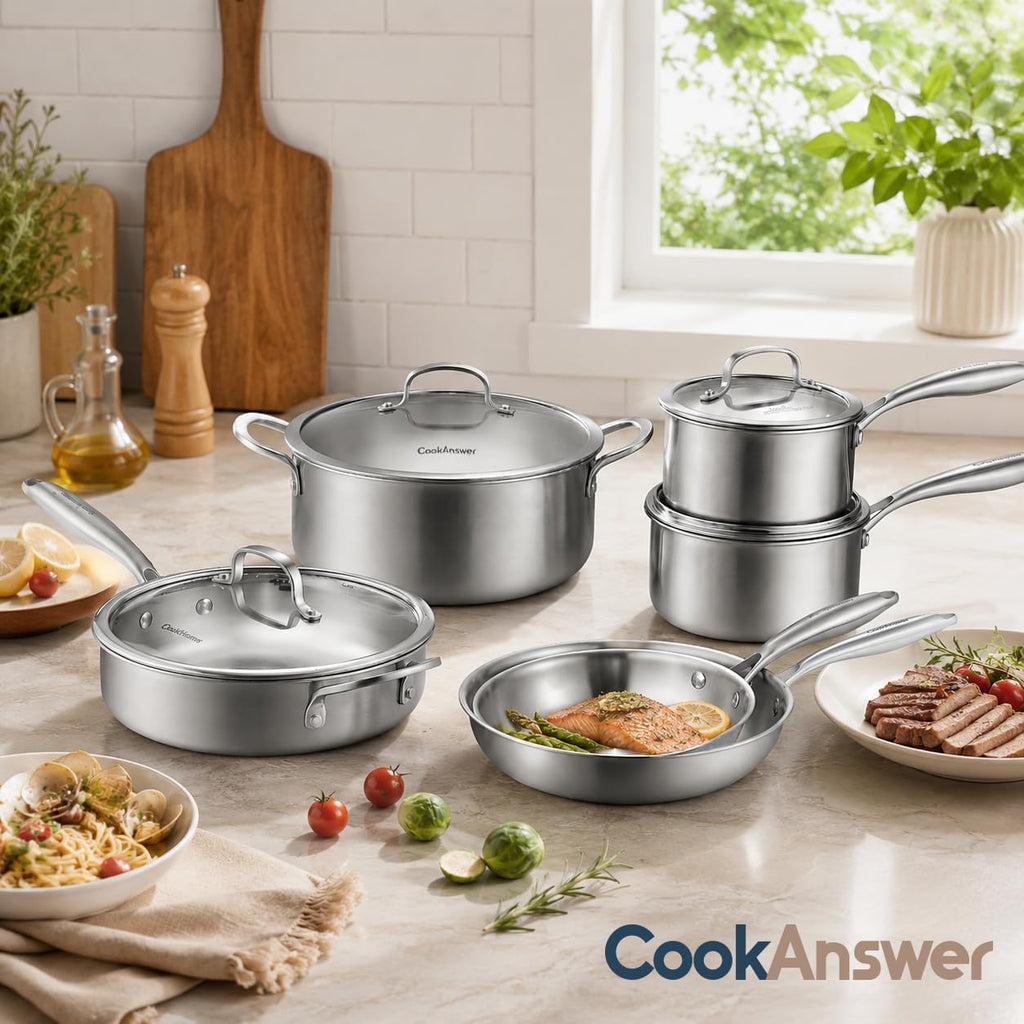 10-Piece Tri-Ply Stainless Steel Cookware Set | Induction-Ready, Glass Lids, Pots and Pans Kitchen Set, Riveted