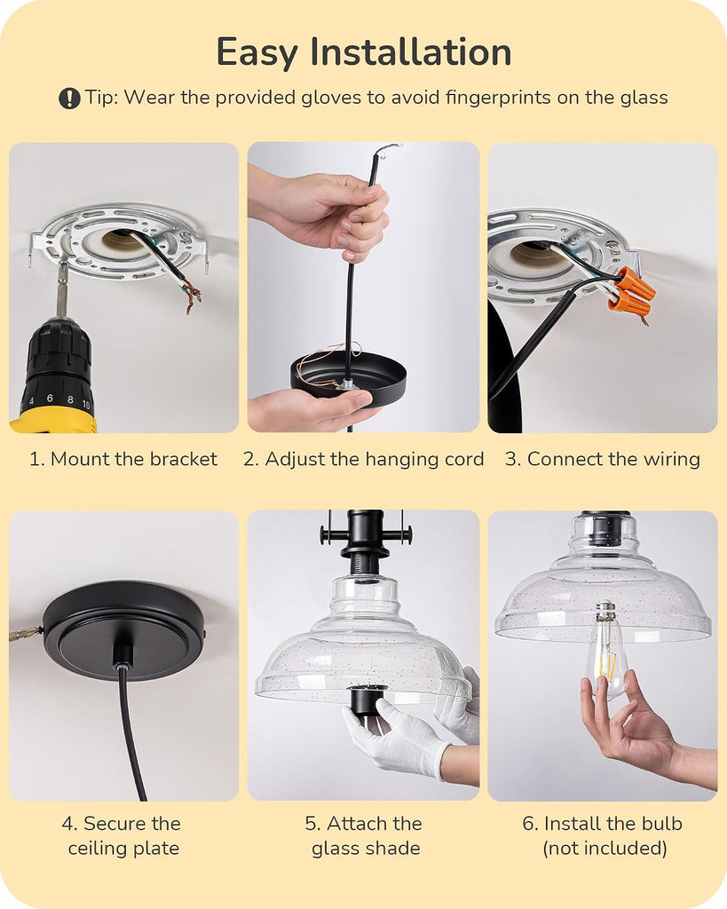 Farmhouse Pendant Lights Kitchen Island, Clear Seeded Glass Shade Hanging Light with Matte Black Finish, Modern