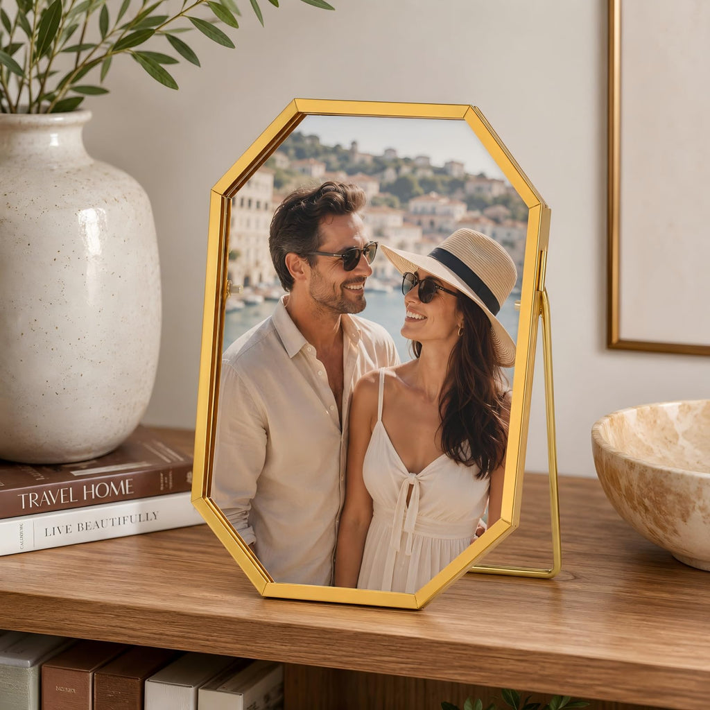 Gold Geometric Floating Glass Frame 4x6, Tabletop Photo & Pressed Flower