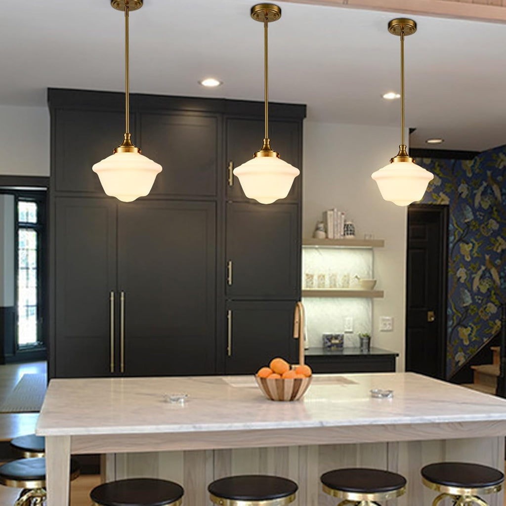Modern Gold Schoolhouse Pendant Light Fixture | 10-Inch Milk White Glass Pendant Lighting for Kitchen Island
