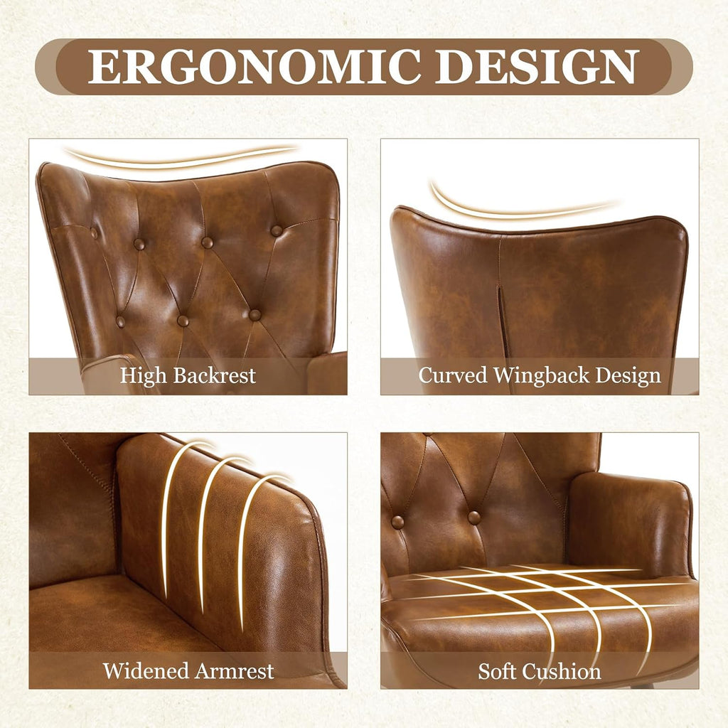 Accent Chairs Set of 2, Brown PU Leather Reading Armchair with High Backrest, Wingback Corner Chair Mid Century
