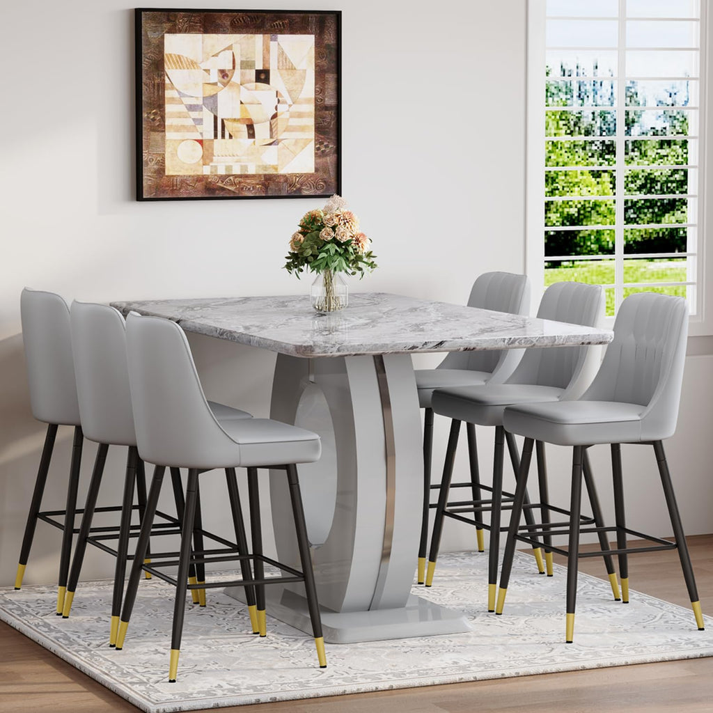 63'' Marble Dining Table Set for 6, Modern Counter Height Dining Table Set, Grey High Top Table with Leather Bar