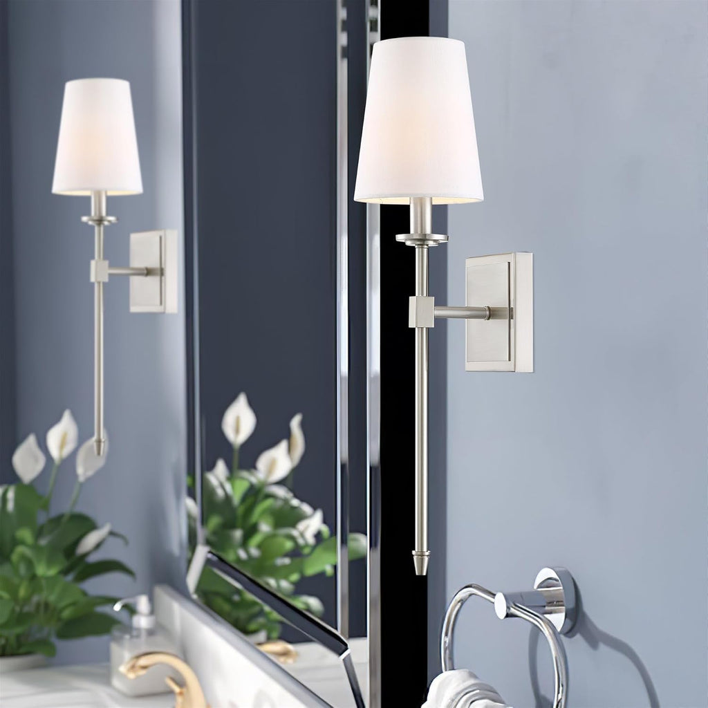 Torche 20" Mid Century Modern Wall Sconce Vanity | Tapered White Linen Shade, Silver Candle Wall Light with Elongated