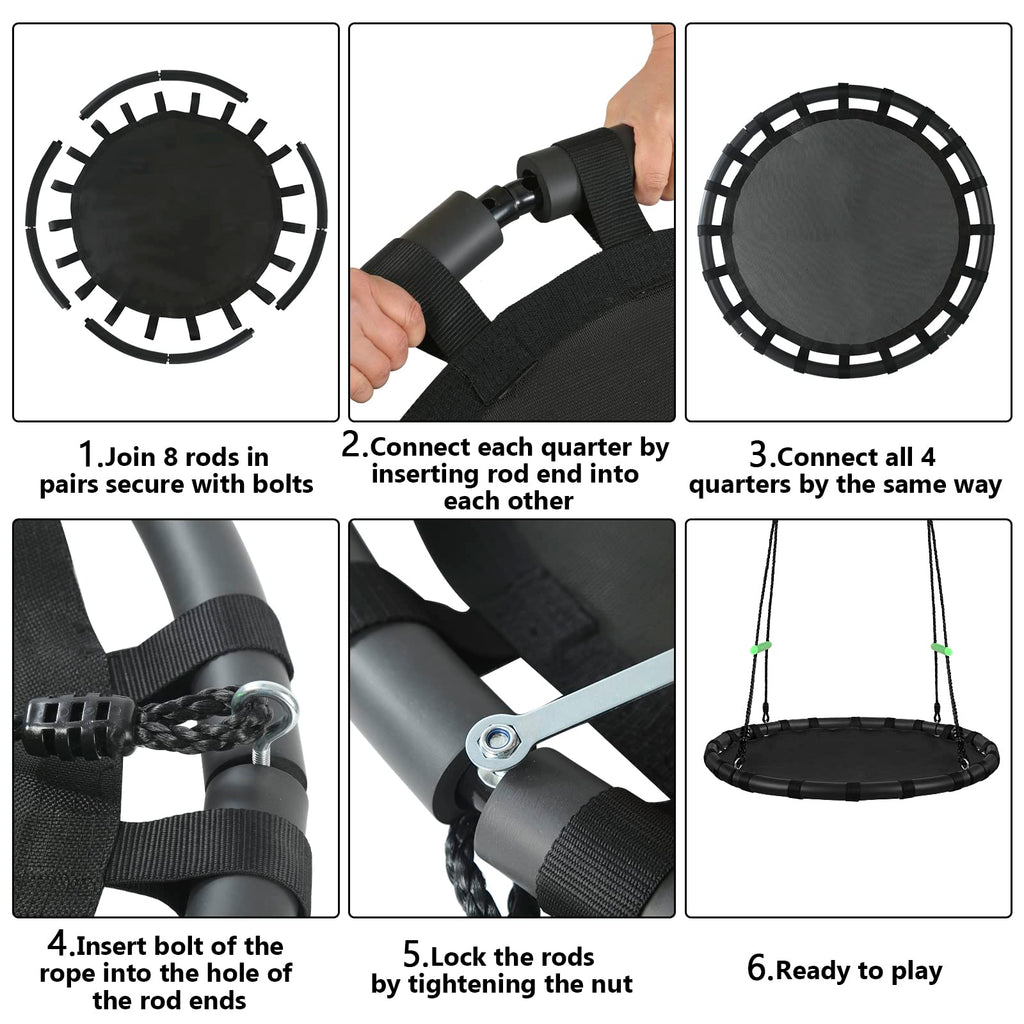 Tree Swing with PP Mat - Durable, Safe, and Easy to Install, Black Outdoor Saucer Swing, Flying Saucer Web Circle Swing