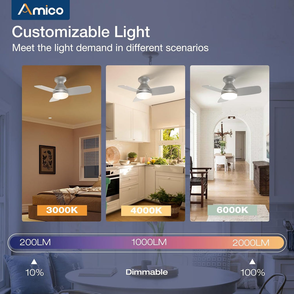 Ceiling Fans with Lights, 30 Inch Low Profile Ceiling Fan with Light and Remote Control, Flush Mount, Reversible, 3CCT, Dimmable, Noiseless, Silver Ceiling Fan for Bedroom, Indoor/Outdoor Use