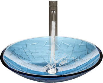Eden Bath Blue Crystal Cut Oval Glass Sink Bowl Bathroom Vessel Sink for Vanity Top