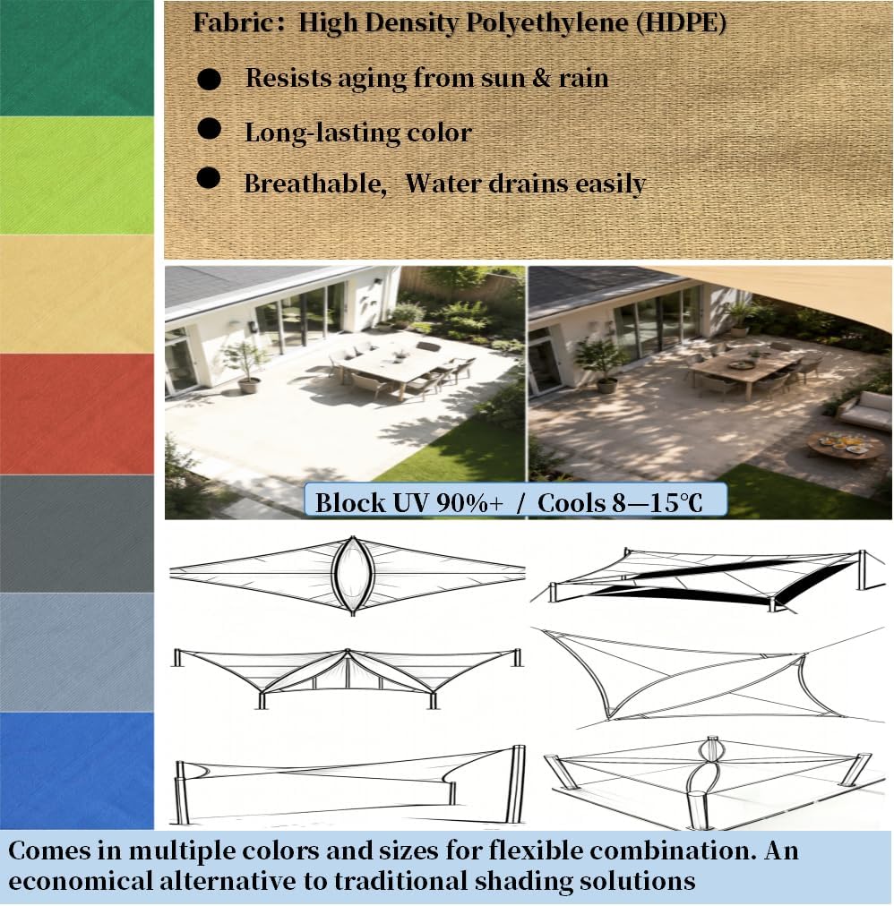 Rectangle Sun Shade Sail, 12'x16', Cool Grey | Resists Aging From Sun &Rain,Block UV 90%+ ,Cools 8-15°C,For Backyard