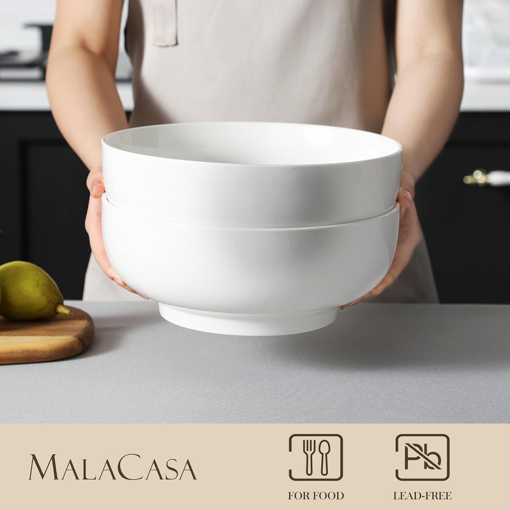 Serving Bowls, 114 OZ(10") Extra Large Salad Bowls Set of 2, Porcelain White Serving Bowls for Salad, Soup, Pasta and