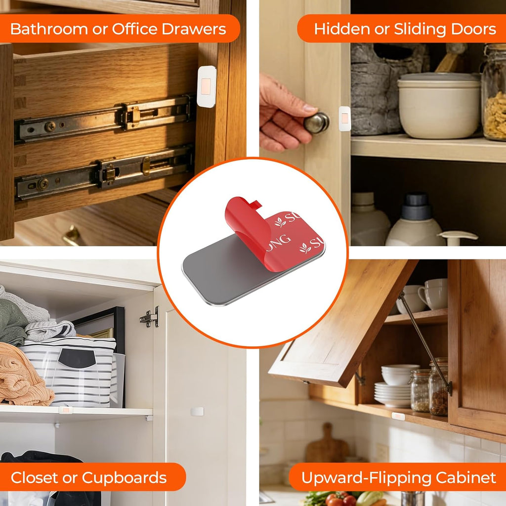 12 Pack Magnetic Cabinet Door Catch, No Drill, Silver, Whole-Home Set | Embedded magnet; stainless steel body; 48