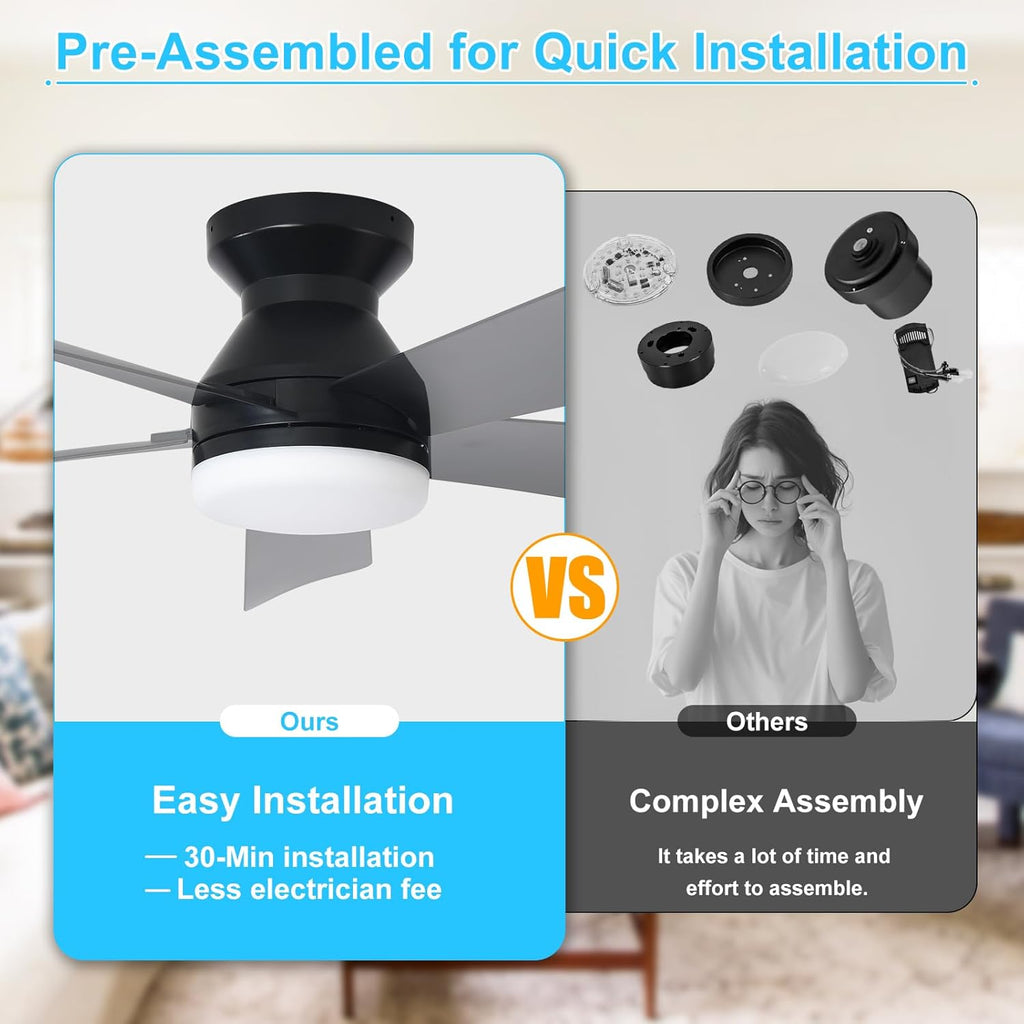 Modern Ceiling Fan with Light: 42-Inch Black Small Fans - Dimmable Low Profile Ceiling Fans with Remote Control Flush
