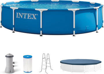 Metal Frame 12ft x 30in Round Above Ground Swimming Pool Set Bundle | 28211EH - 530 GPH Cartridge Filter Pump, Ladder