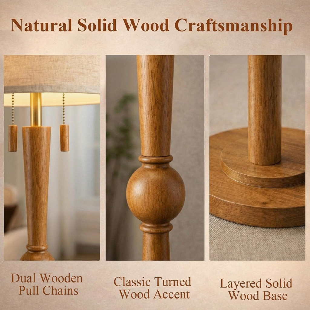 Solid Wood Floor Lamp with Wooden Pull Chains