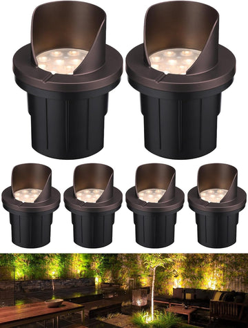 6-Pack Dia.4 Inch 3000K Well Lights Shielded Top Oil Rubbed Bronze | 12-24V AC/DC, CRI90, Landscape LED In Ground