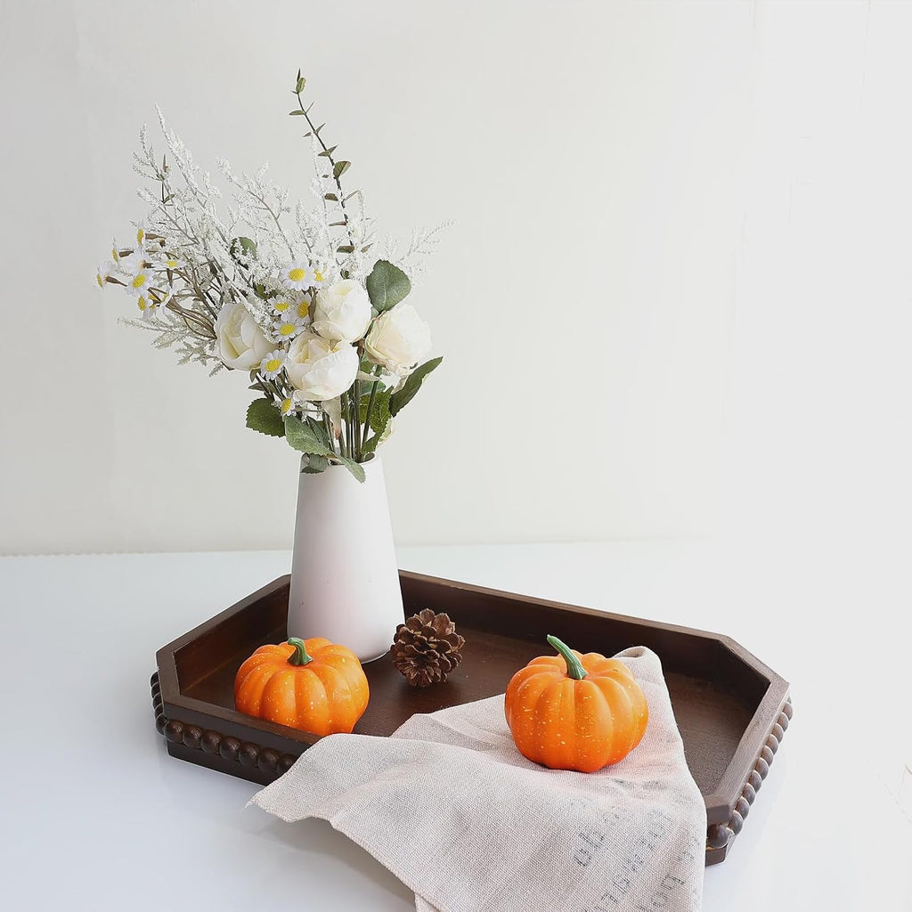 Retro Brown Wood Serving Tray with Beads, Farmhouse Decorative Tray for Table Centerpiece, Christmas Wedding