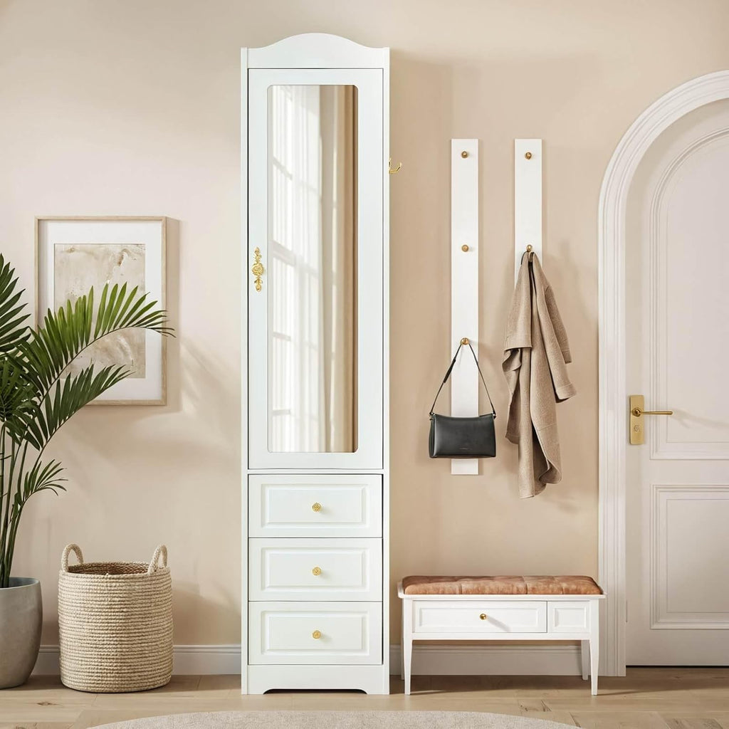 Armoire Wardrobe Closet, White Bedroom Armoires Cabinet with Mirror Door and 3 Drawers, 69.5" H Clothing Storage