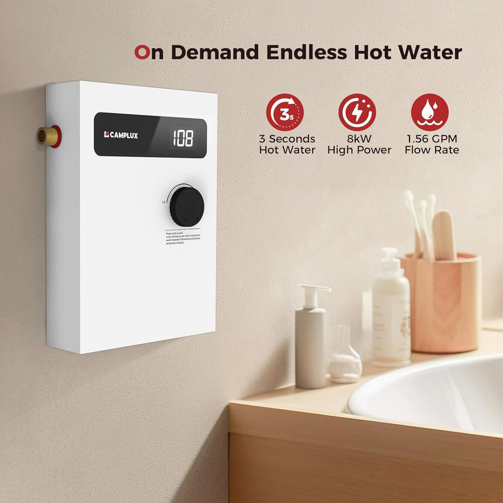Tankless Water Heater Electric 8kW 240 Volt, On Demand Instant Hot Water Heater with Self-Modulating Save Energy