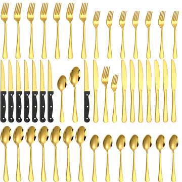 48-Piece Gold Silverware Set for 8 with Steak Knives, Stainless Steel Flatware Set, 18/8 Food Grade Cutlery Set