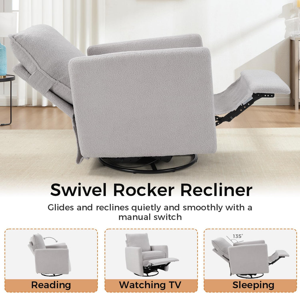 Swivel Rocker Recliner Chair, Teddy Upholstered Nursery Glider Chair, Manual Reclining Chair with Two Removable