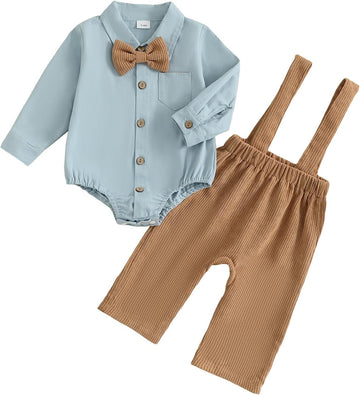 Newborn Baby Boy Fall Outfit Formal Long Sleeve Romper Bow Tie Corduroy Overalls Suspender Pants Set Suit Clothes