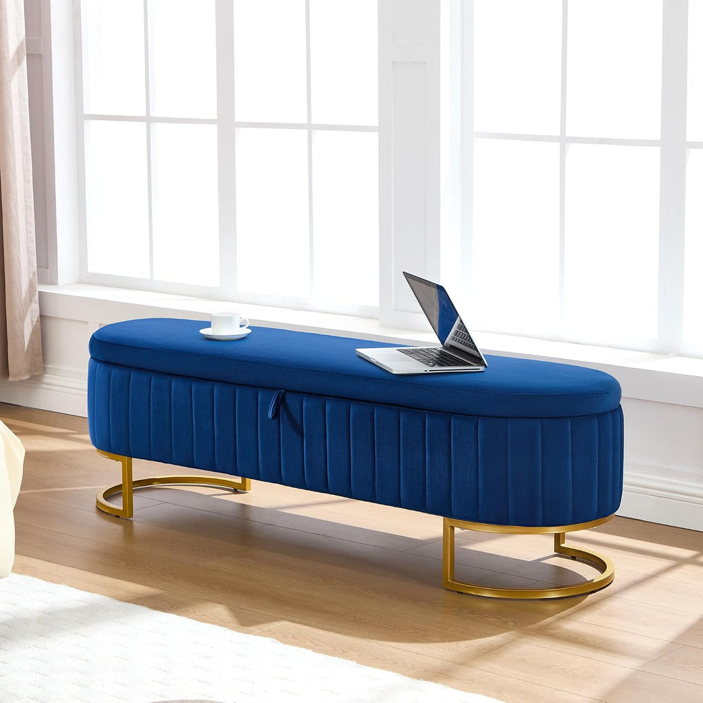 Storage Ottoman Bench, 63" Velvet End of Bed Bench Bedroom Bench King Size with Golden Metal Legs, Upholstered