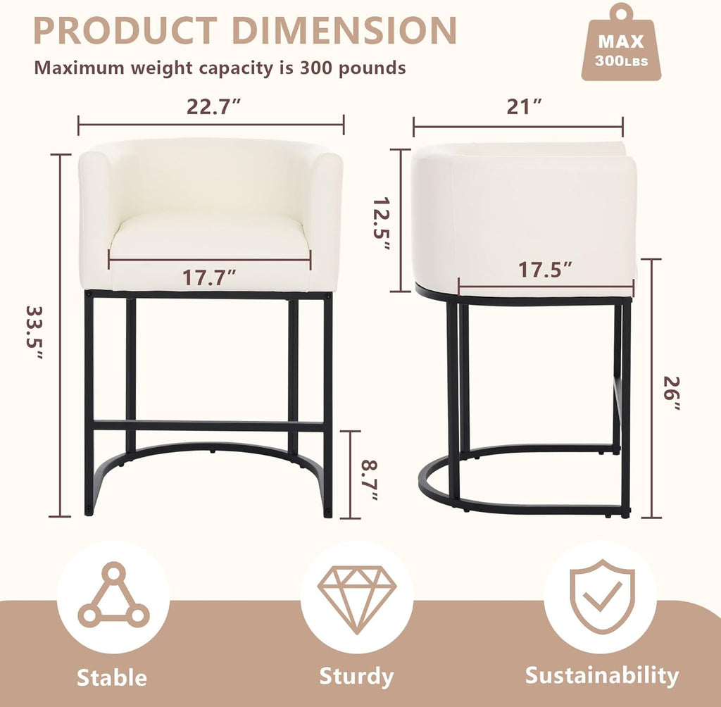 26" H Counter Height Bar Stools Set of 3, Modern Barrel Counter Chairs with Backrest and Arms, Faux Leather