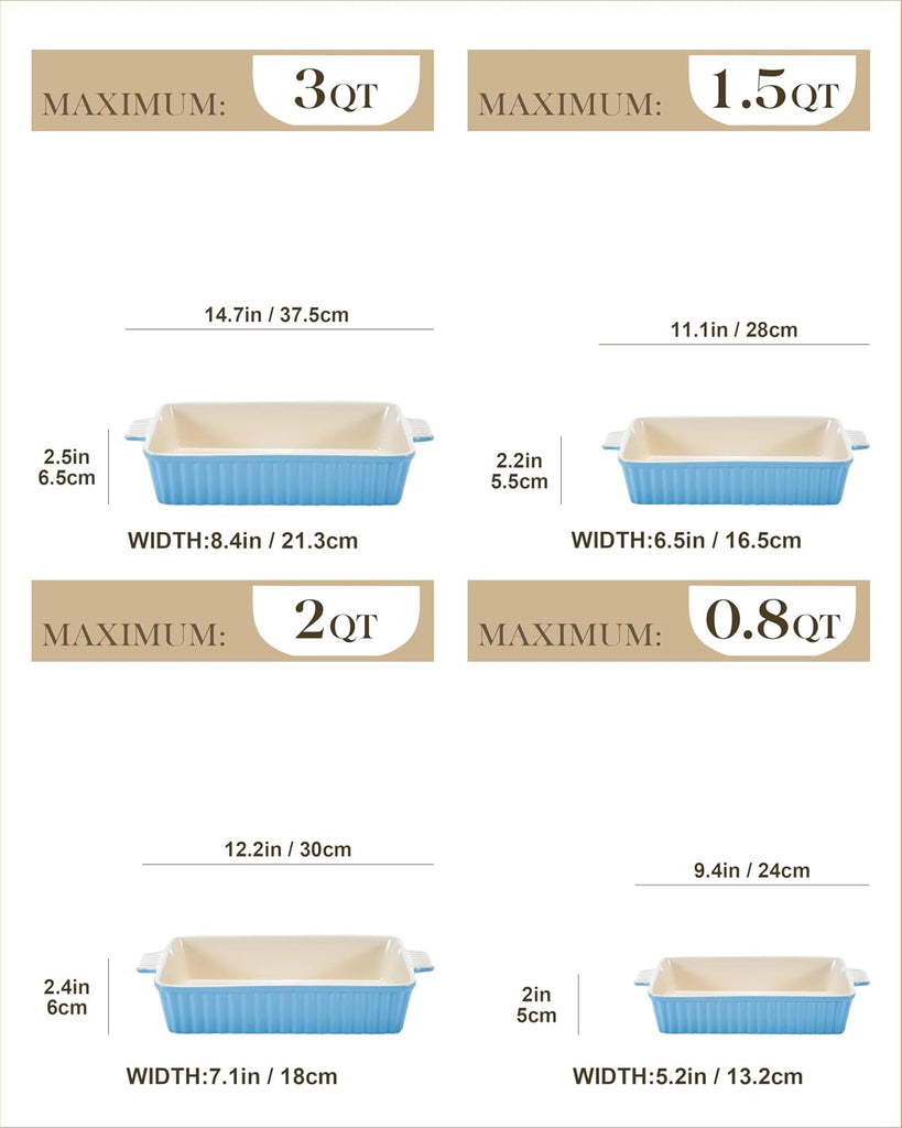 Casserole Dishes for Oven, Ceramic Bakeware Set of 4, Blue | Deep Lasagna Pans for Versatile Use, Durable Bakeware