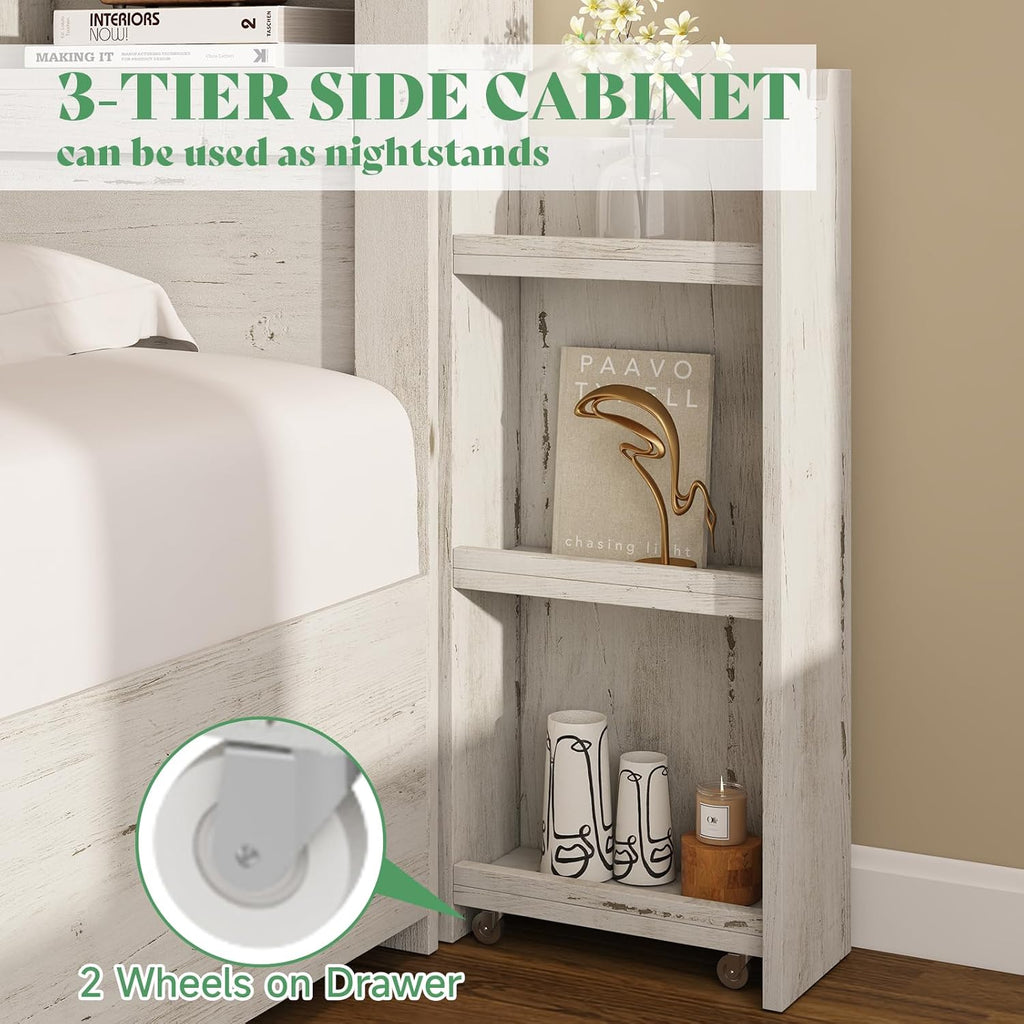 Queen Bed Frame with 4 Storage Drawer, LED Bed Frame with 49.6" Tall Bookcase Headboard, Wood Platform Bed with Charging Station & 2 Slide Bedside Shelf, No Box Spring Needed/Distressed White