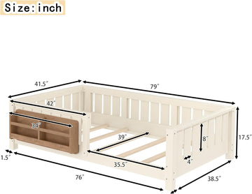 Twin Size Floor Bed with high Rails and with Built-in Bookshelf for Kids, Girls, Boys, Wood Montessori Floor Bed