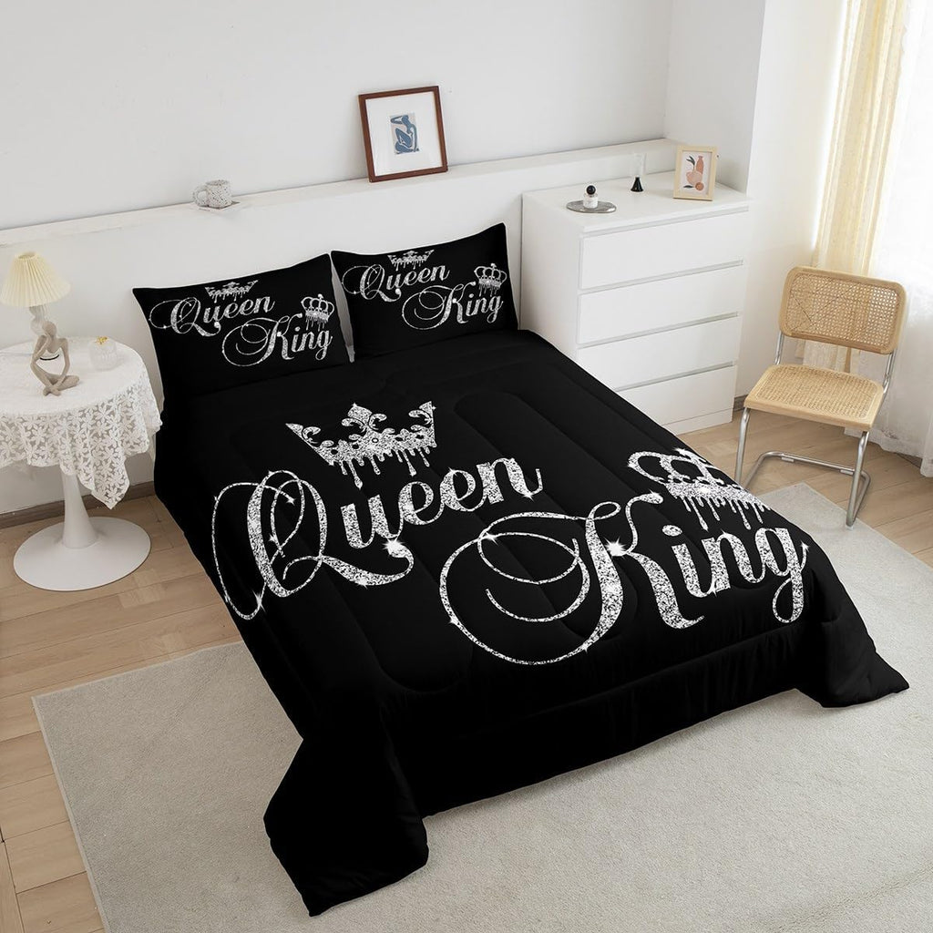 Crown Queen and King Couple Comforter Sets His and Hers Bedding Set for Teens Women Men Black Grey Twin,Lover