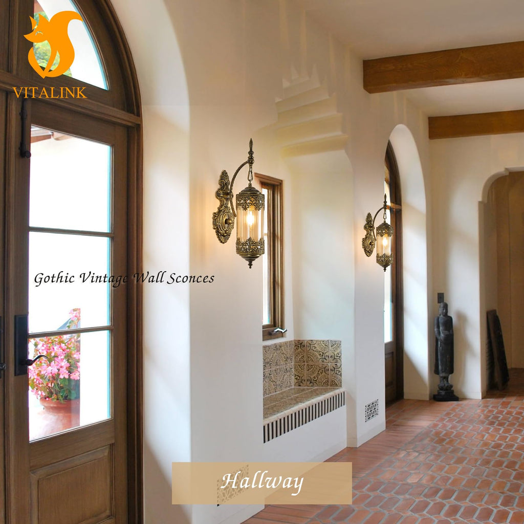 Gothic Wall Sconce 2 Pack, Amber Glass Rustic Gold Wall Lamp Lantern Retro Wall Mount Lighting with Amber Glass