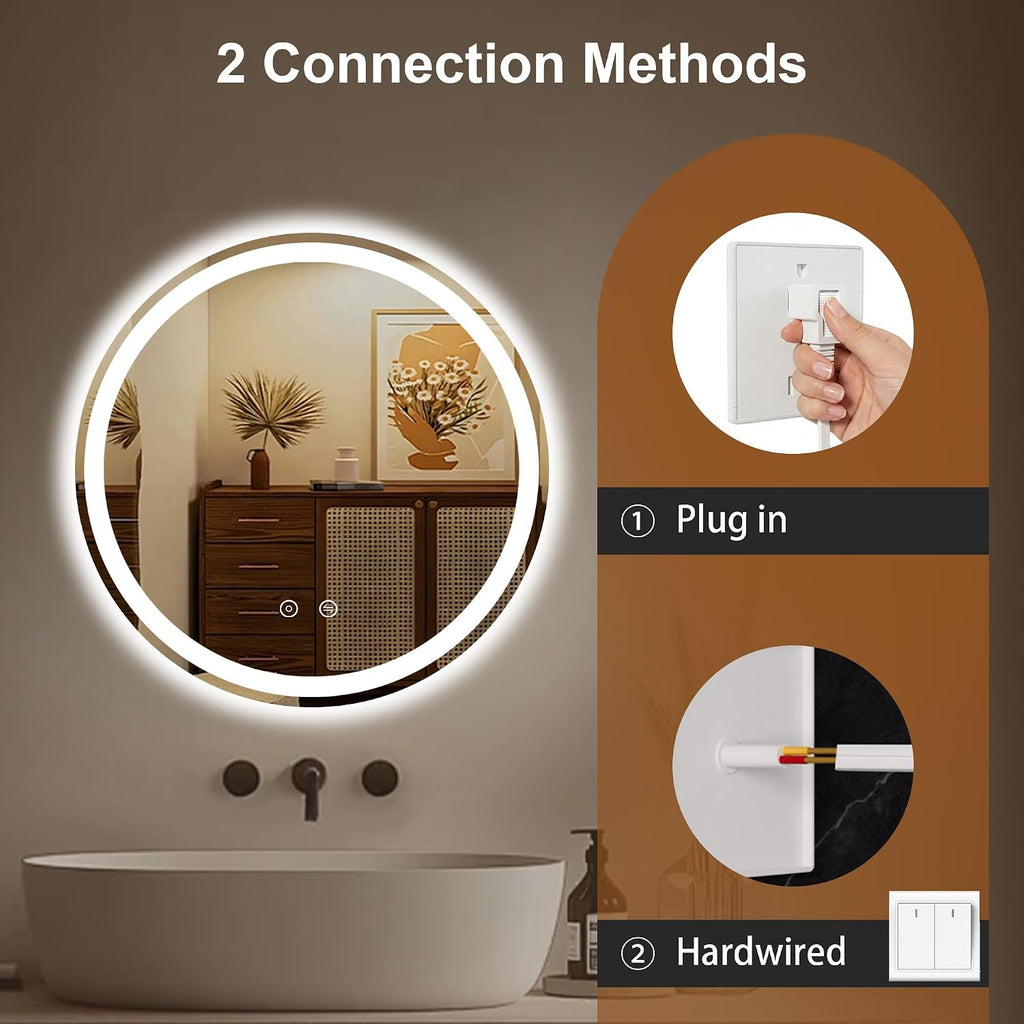 Round LED Bathroom Mirror with Lights, 24 Inch Circle Lighted Vanity Mirror, Anti-Fog, Dimmable 3 Colors
