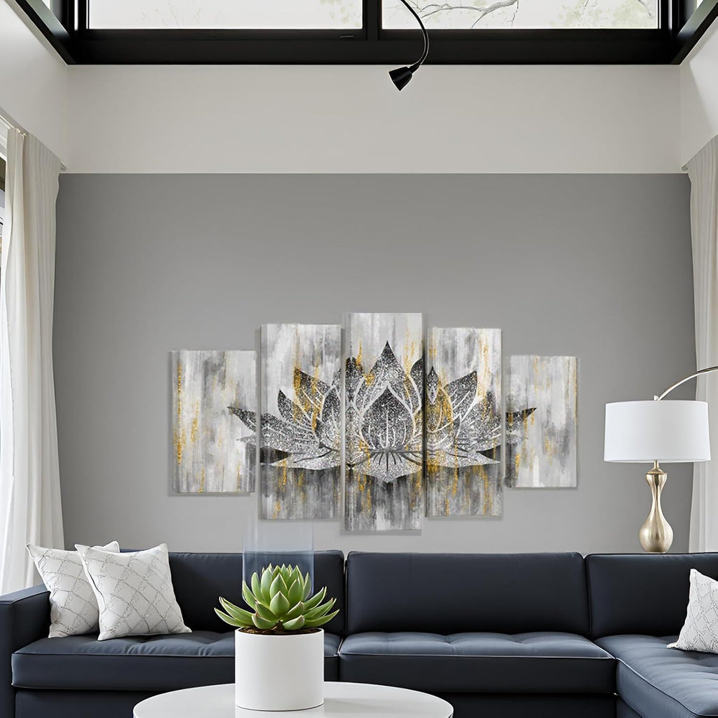5 Panel Lotus Flower Wall Art Trendy Silver Golden Flower Painting Canvas Prints Zen Lotus Picture Artwork Yoga