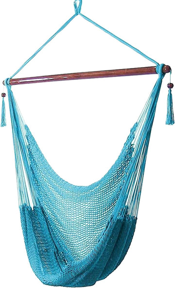 Hanging Hammock Chair Swing , Caribbean, Sky Blue | 300 lb Capacity, Wooden Spreader Bar, Woven Polyester, Hang From