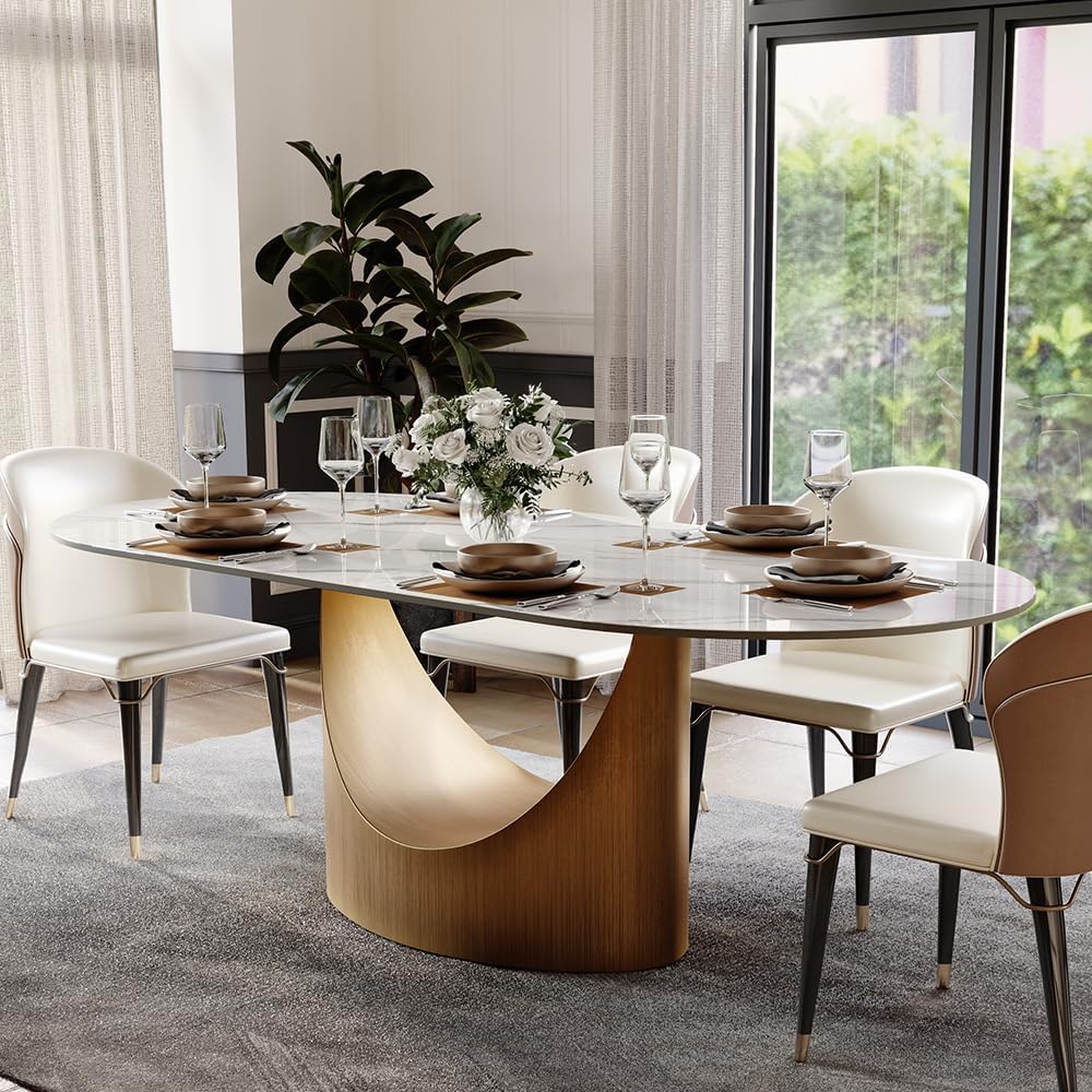 Modern Dining Table,71" Oval Sintered Stone Table with Bronze Carbon Steel Base for Dining Room,Kitchen,Home