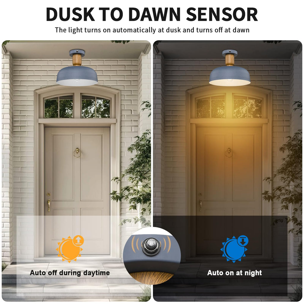 Dusk to Dawn Industrial Semi Ceiling Light Fixtures, Flush Mount Indoor Outdoor Ceiling Light with Blue Hammered
