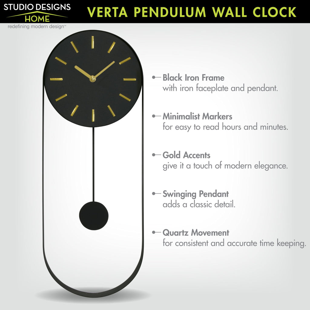 Modern Pendulum Wall Clock, Minimalist Black Iron Wall Clock with Gold Accents, Quartz Movement, Swinging Pendulum