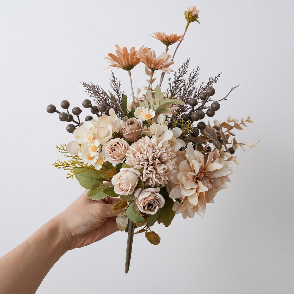 16-inch Artificial Fake Flowers Silk Table Arrangements Faux Plastic Floral Centerpieces with Roses, Dandelions