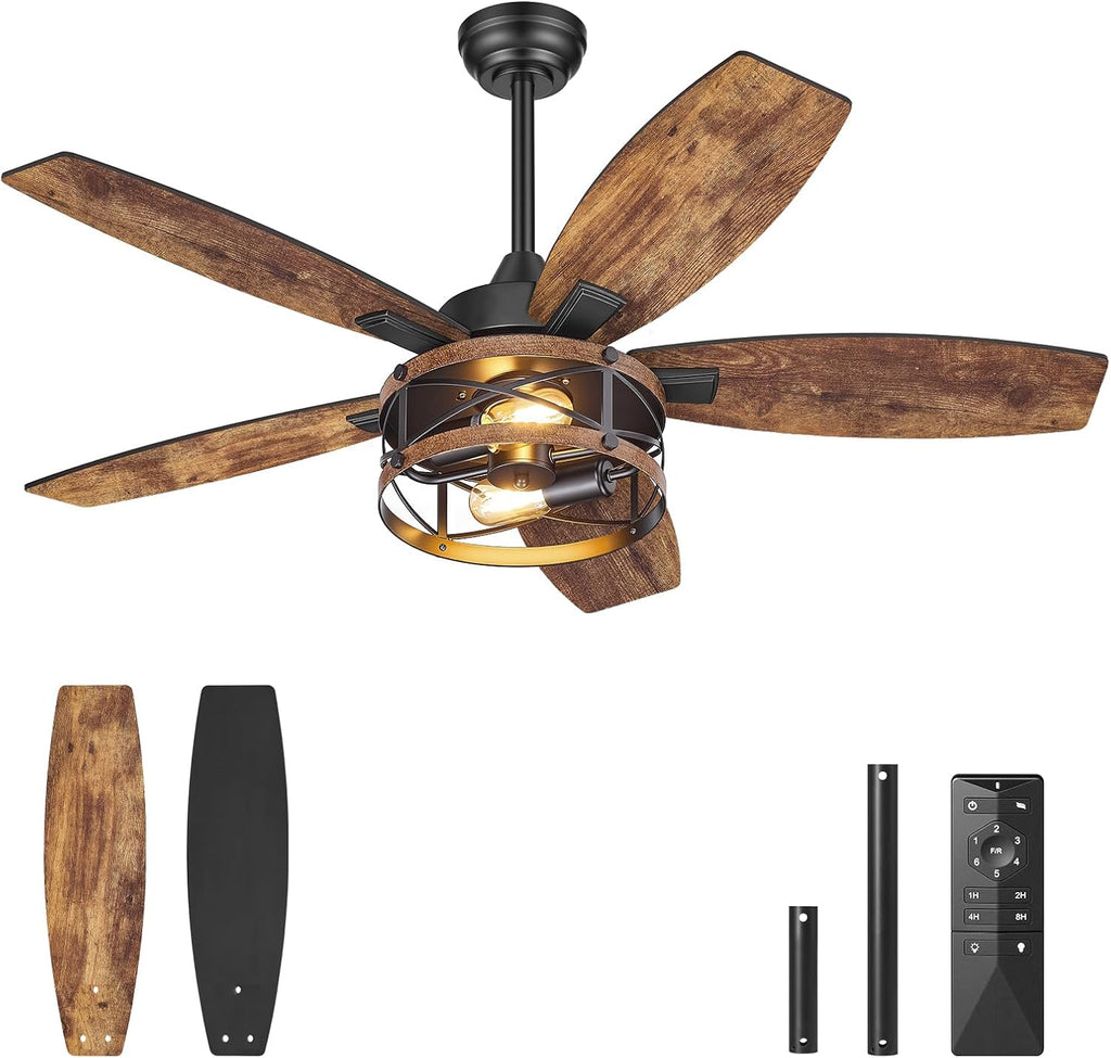 42 Inch Farmhouse Ceiling Fan with Lights and Remote, Timer, Dual Finish 5 Blades (Rustic Brown and Black), 6 Speeds