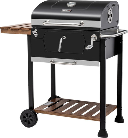 24-Inch Charcoal BBQ Smoker Grill with Folding Table, Handle, and Medium Cooking Area for Outdoor Patio, Garden, and Backyard