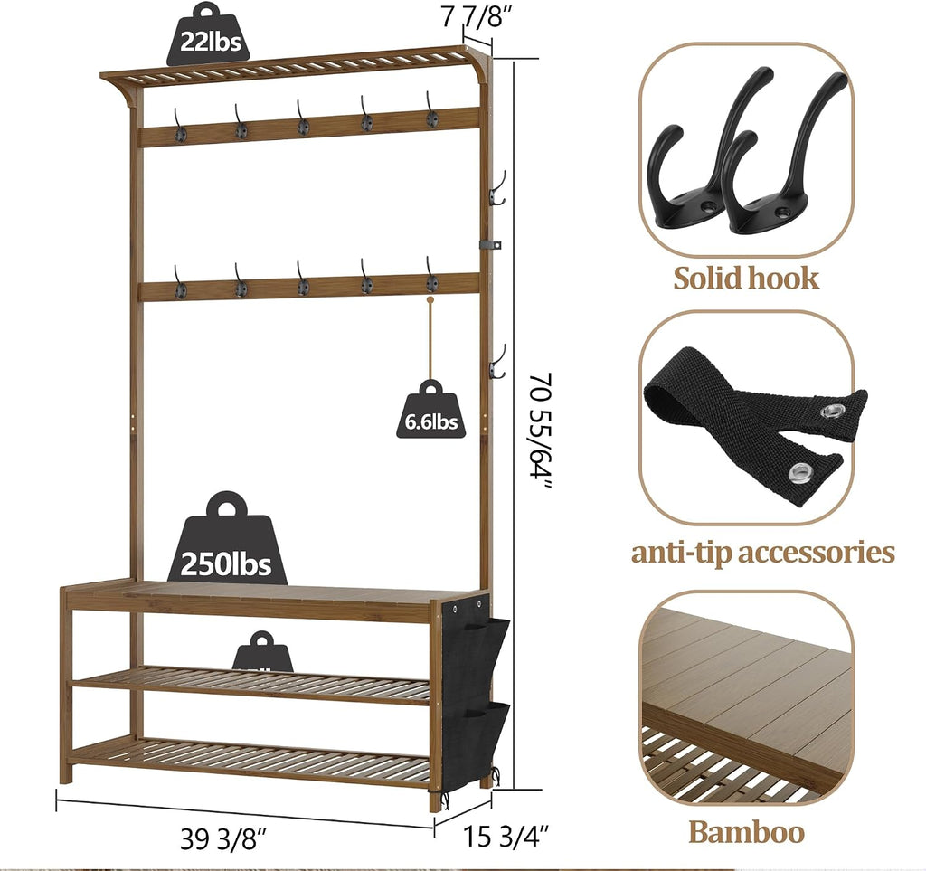 Hall Tree with bench and shoe storage, Entryway Bench with shoe storage, 6-in-1 Coat Rack with Cloth Bag and14 Coat