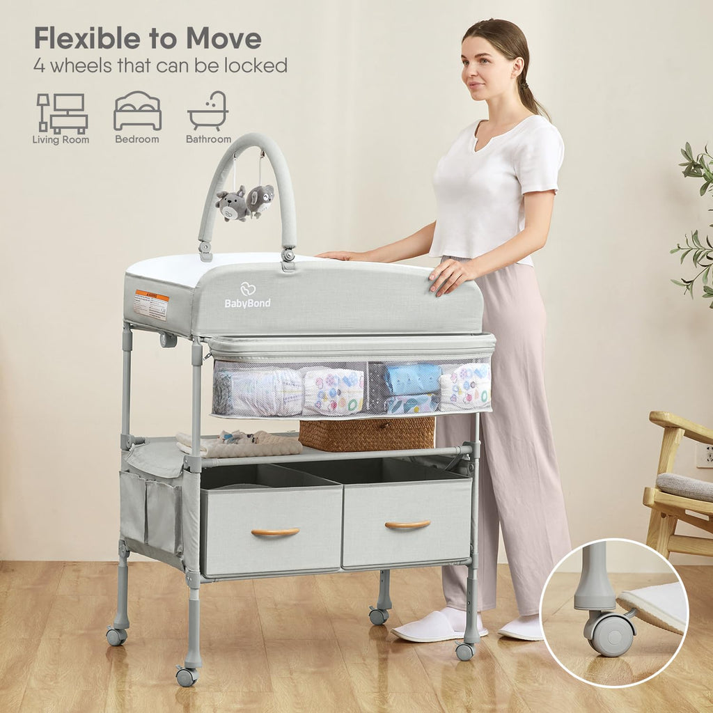 Portable Baby Changing Table with 2 Storage Baskets (Beige) | Large Storage Foldable Changing Table for Infant and