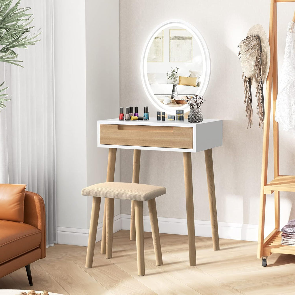 Makeup Vanity Table Set with 3 Modes Adjustable Lighted Mirror Cushioned Stool, Dressing Table for Small Space | 3