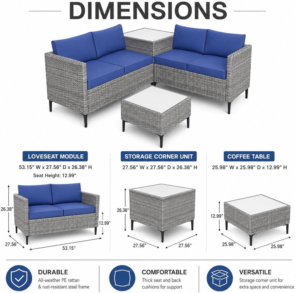 All-Weather PE Rattan Patio Furniture Set, 4 Piece Outdoor Sectional Sofa Couch with Storage Coffee Table, l-Shaped