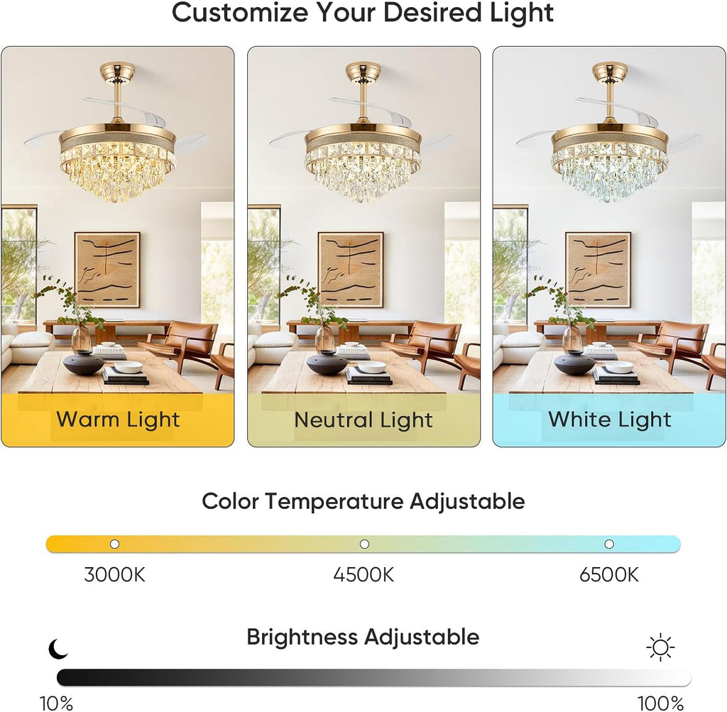 48 Inch Chandelier Ceiling Fans with Lights, Retractable Ceiling Fan with Lights, Crystal Fandelier Ceiling Fan