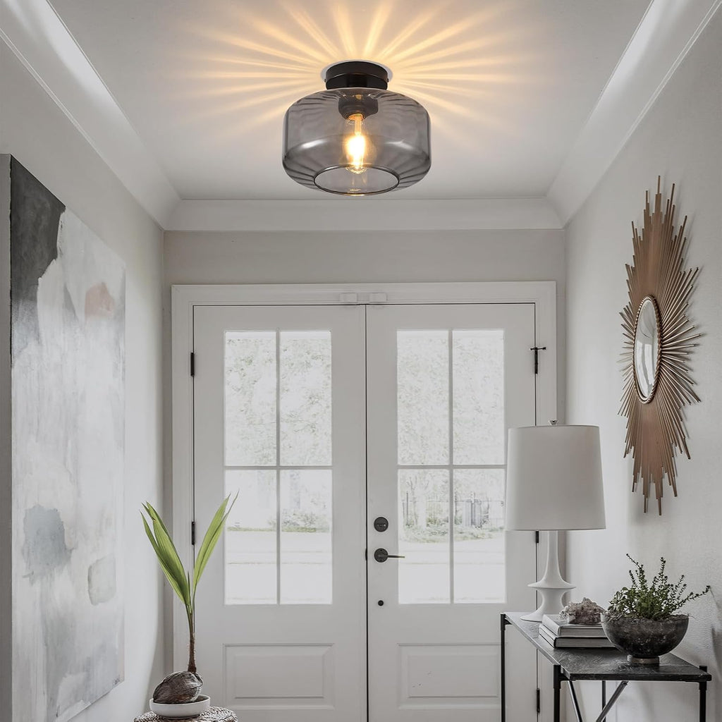 Glass Semi Flush Mount Ceiling Light, Modern Close to Ceiling Light Fixtures with Smoke Grey Glass Shade, Light