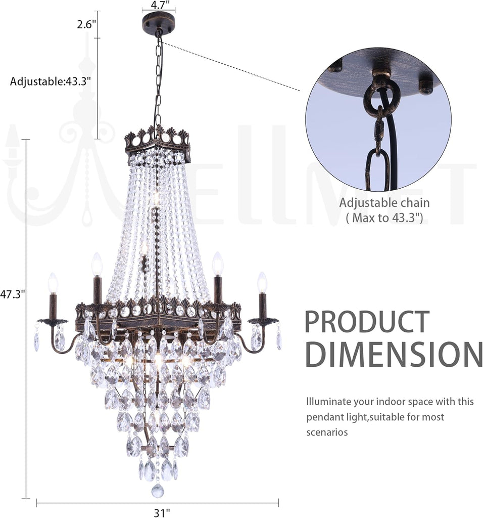 French Empire Crystal Chandelier,13-Light Bronze Crystal Pendant Light,Farmhouse Vintage Chandelier Lighting for Living Room, Dining Room, Bedroom, Foyer