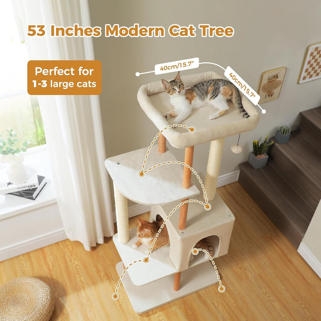53" Modern Cat Tree Large Cats, Cat Tower with Scratching Posts
