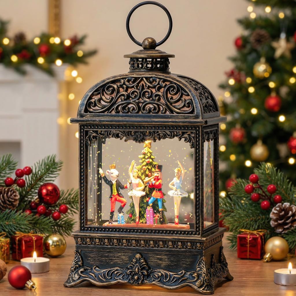 Christmas Snow Globe Lantern with Nutcracker Battles The Mouse King,Lighted Swirling Glittering Snow Globes