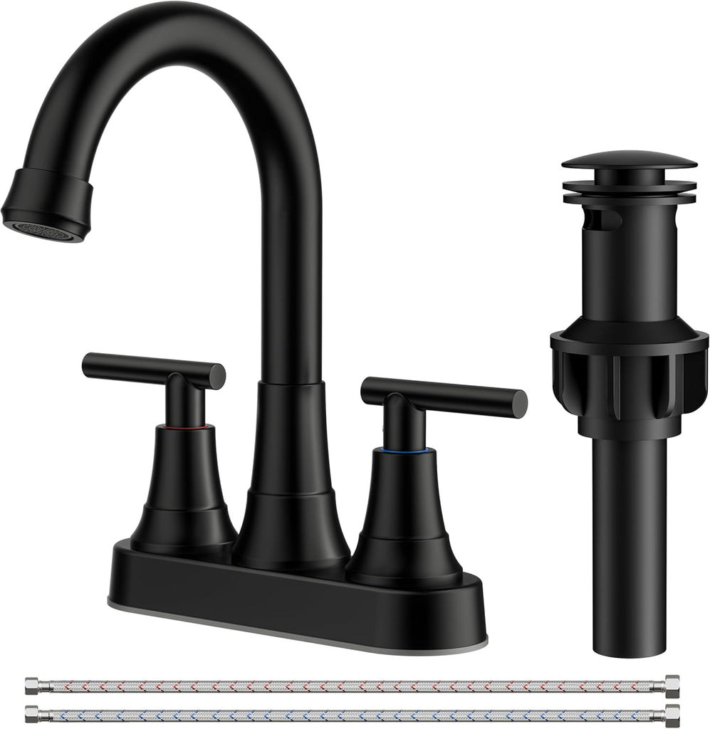 Matte Black Bathroom Faucets, 4 Inch Centerset Bathroom Sink Faucet 2 or 3 Hole with Pop up Drain and cUPC Hose