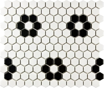 Hexagon Matte White with Black Hexagon Flower Pattern Porcelain Mosaic Floor and Wall Tile Backsplash, Bathroom
